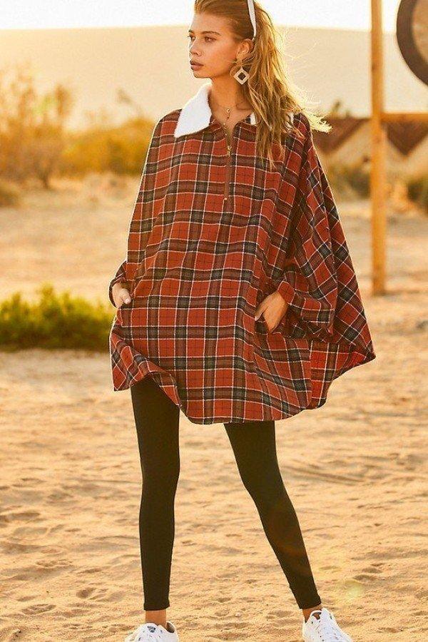 Mock Neck With Zipper Contrast Inside Front Pocket Plaid Poncho Secondary image