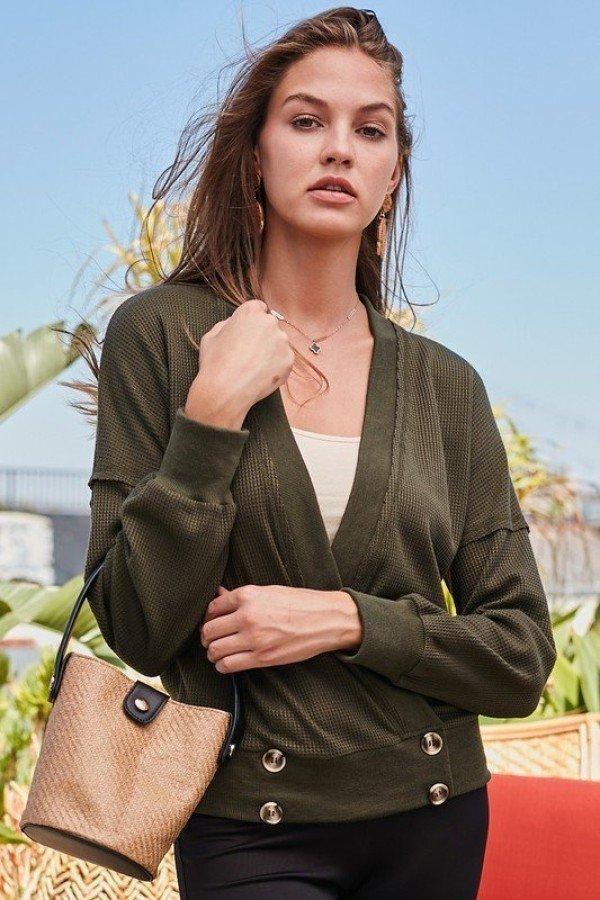 Overwrap Front Button Detail Long Sleeve Knit Top | Mixtshop LLC