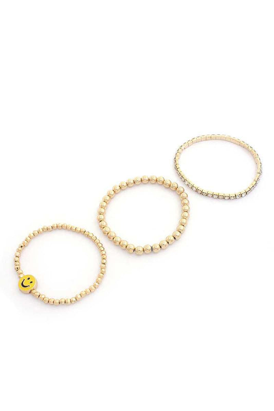 Enamel Happy Face Charm Rhinestone Ball Bead Bracelet Set | Mixtshop LLC