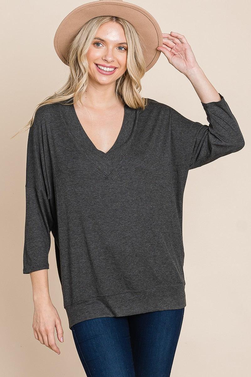 Solid Rib Modal Casual 3/4 Sleeves Dolman Sleeves Top | Mixtshop LLC Main image