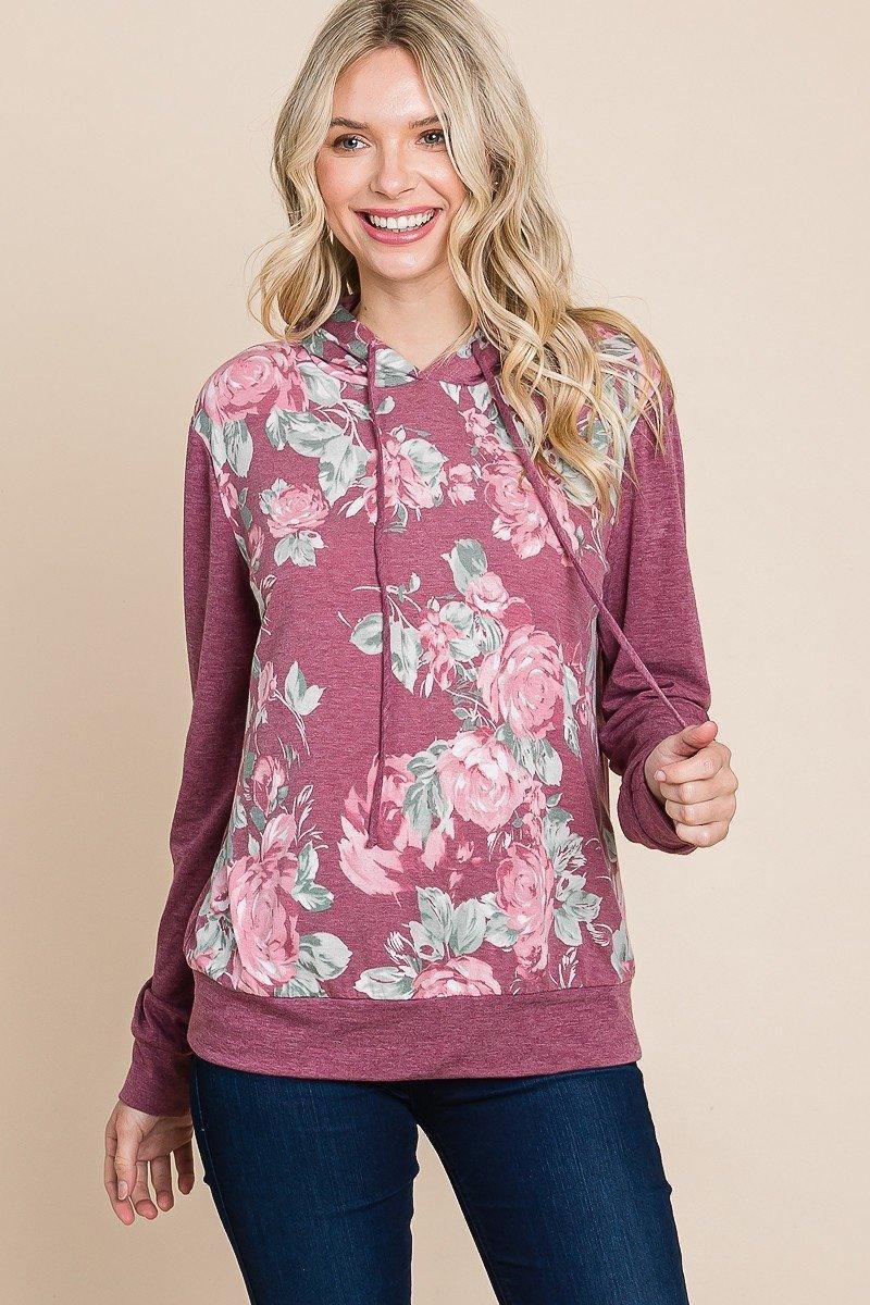Floral Printed Contrast Hoodie With Relaxed Fit And Cuff Detail | Mixtshop LLC Main image