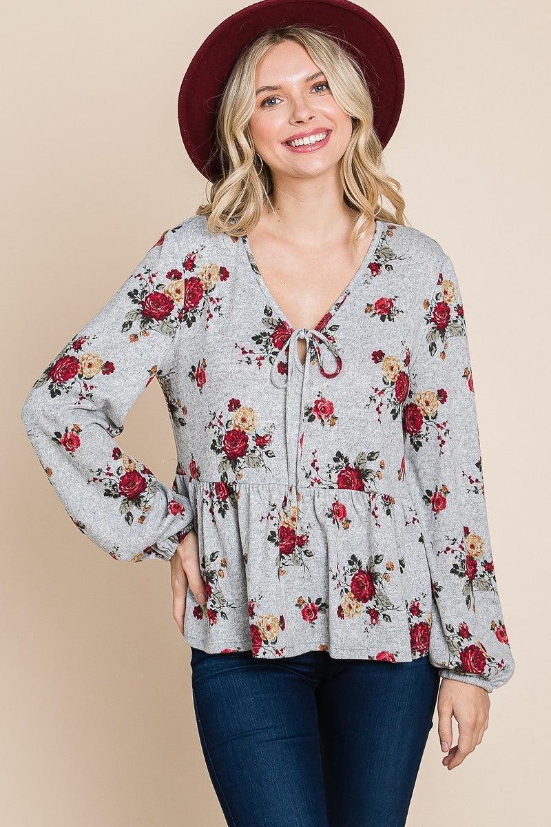 Floral Hacci Printed Babydoll Top With Elastic Cuff Sleeves | Mixtshop LLC Main image