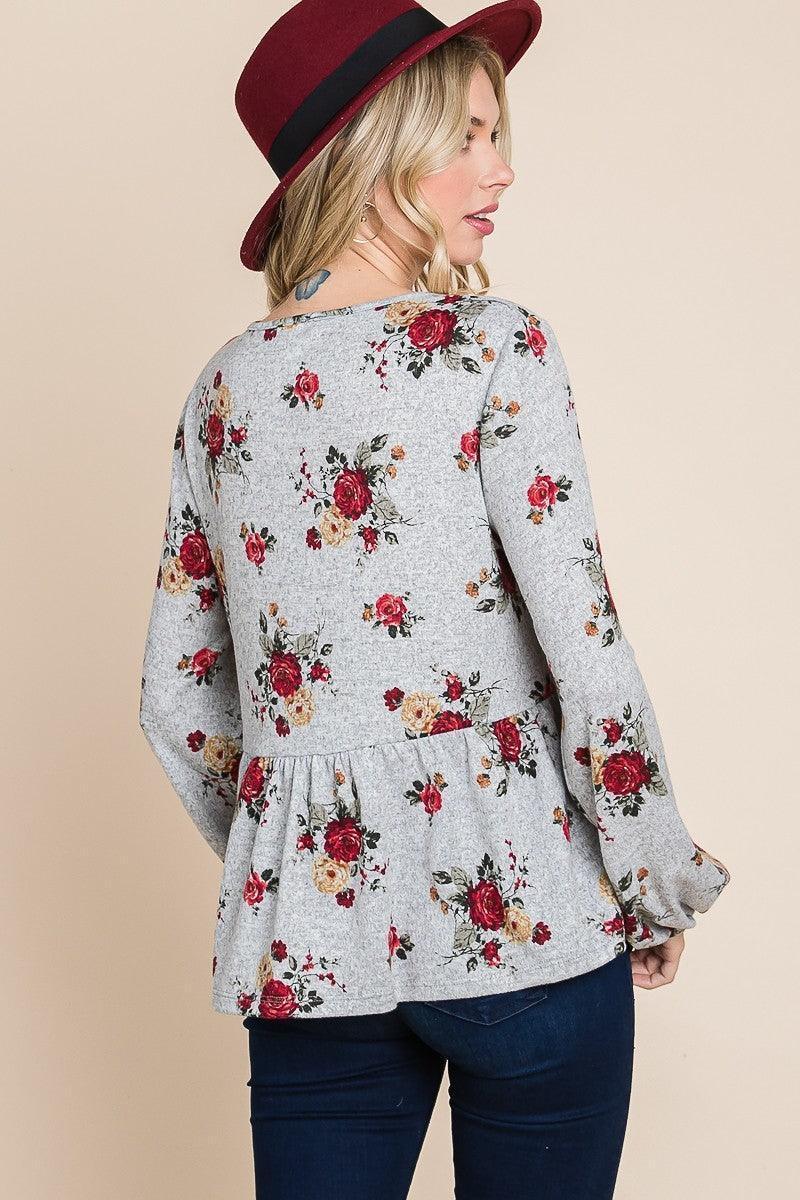 Floral Hacci Printed Babydoll Top With Elastic Cuff Sleeves | Mixtshop LLC
