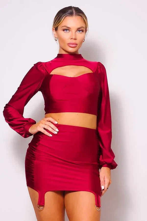 Puff Long Sleeve Front Cutout Turtleneck Blouse & Side Ruched Garter Mini Skirt Set | Mixtshop LLC Main image