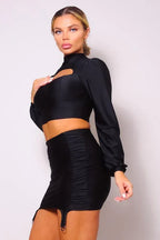 Puff Long Sleeve Front Cutout Turtleneck Blouse & Side Ruched Garter Mini Skirt Set | Mixtshop LLC