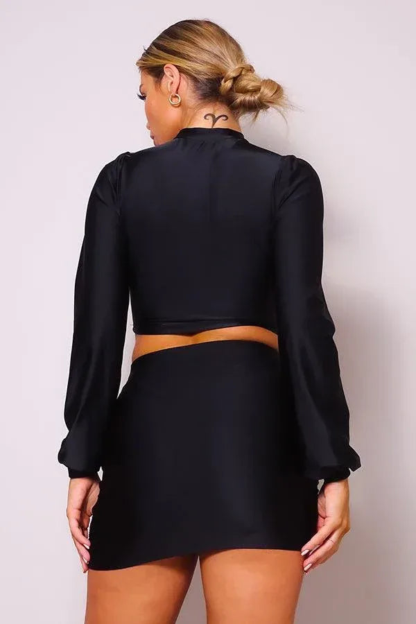 Puff Long Sleeve Front Cutout Turtleneck Blouse & Side Ruched Garter Mini Skirt Set | Mixtshop LLC