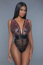 1 Pc. Cut-out Lace Bottoms With Raspberry-pink Sequins Plunging Sheer Neckline | Mixtshop LLC