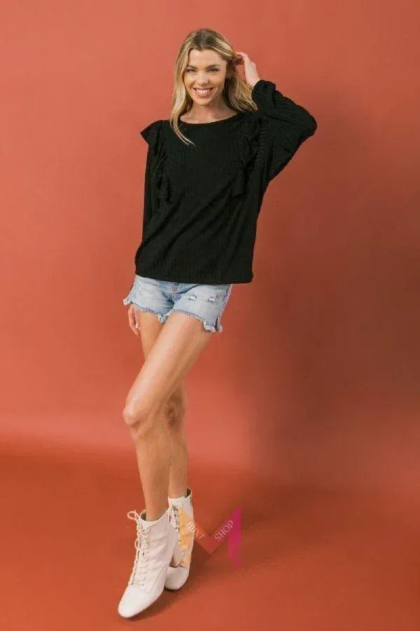 Round Neckline Front Ruffle Detail Knit Top | Mixtshop LLC