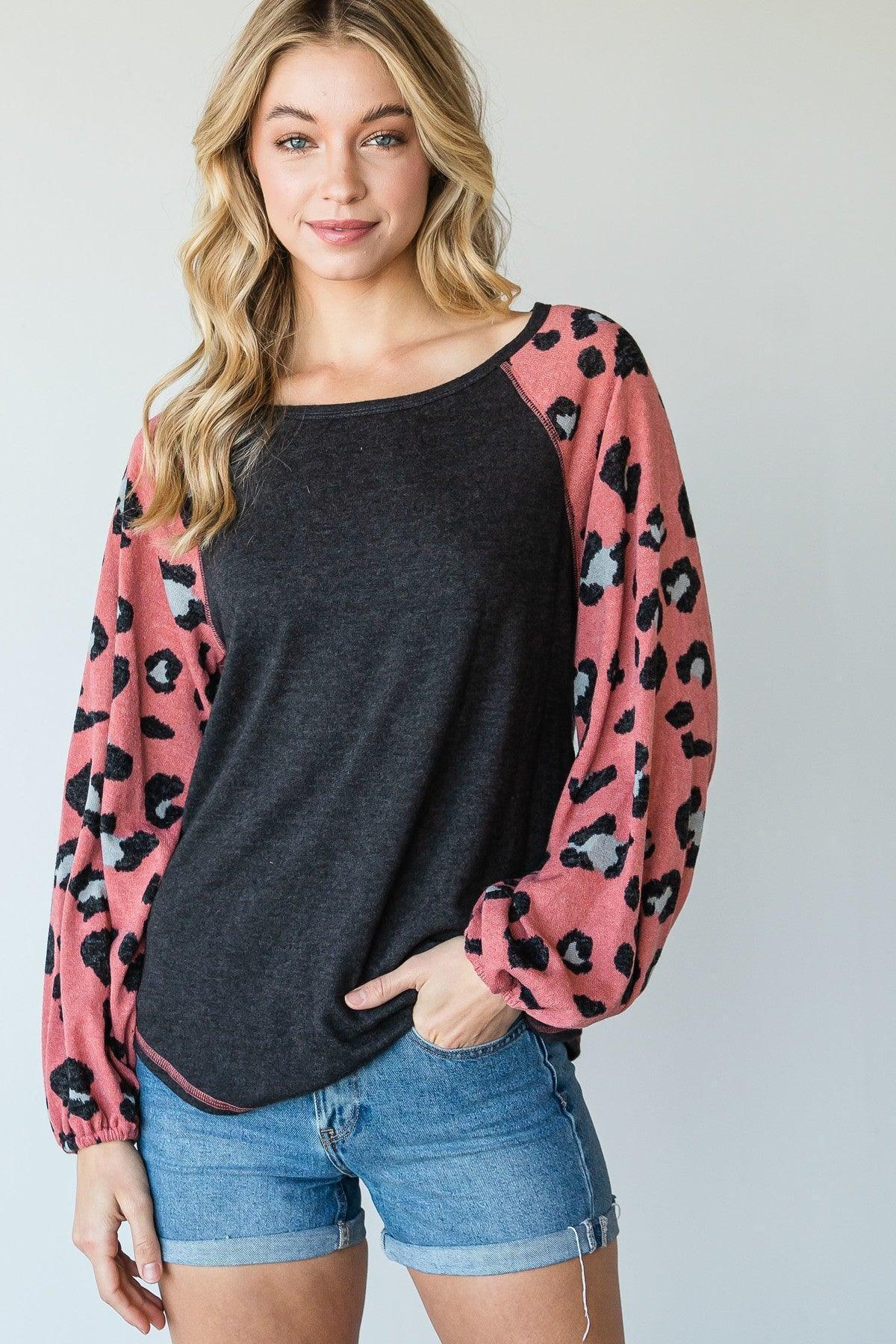 Round Neckline And Animal Print Color Block Top | Mixtshop LLC Main image