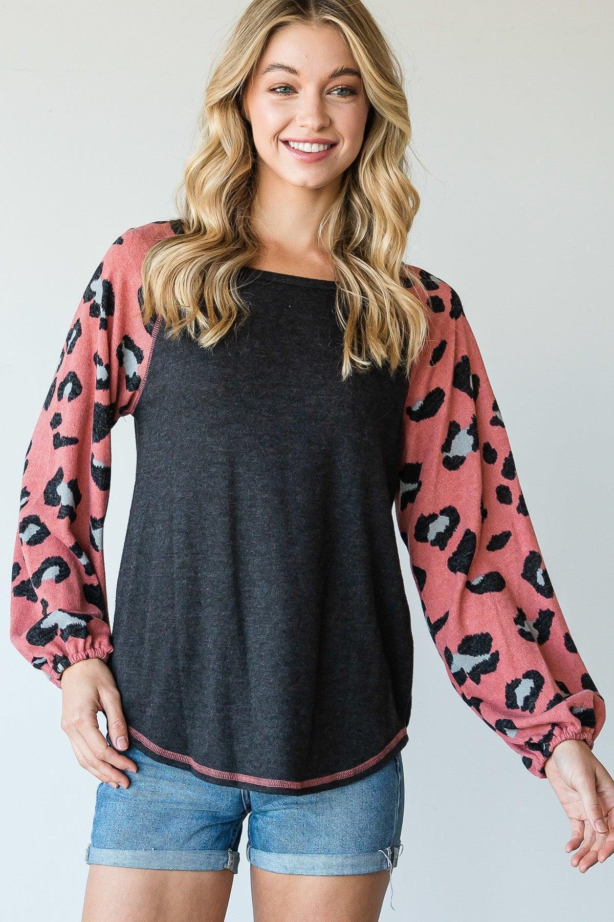 Round Neckline And Animal Print Color Block Top Secondary image