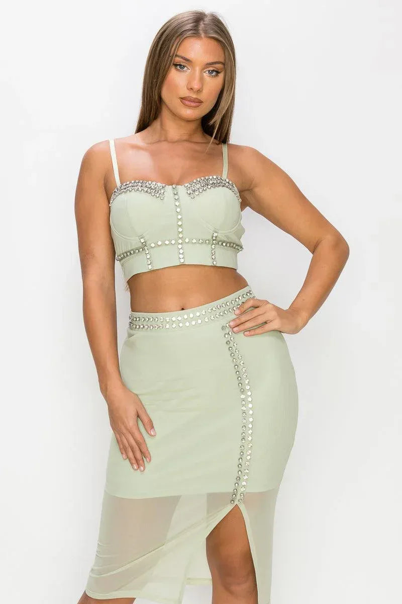Studded Stone Cami Top & Slit Mini Skirts Set | Mixtshop LLC Main image