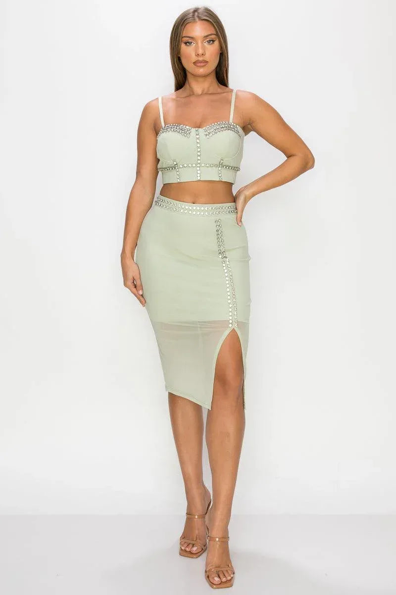 Studded Stone Cami Top & Slit Mini Skirts Set Secondary image
