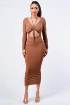 Trendy Front Shirring Cut-out Long Sleeved Dress | Mixtshop LLC