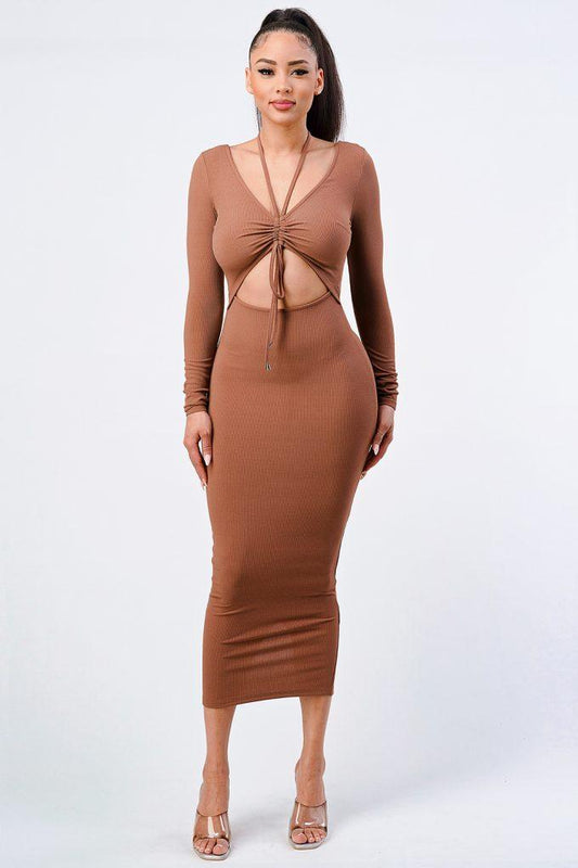 Trendy Front Shirring Cut-out Long Sleeved Dress | Mixtshop LLC