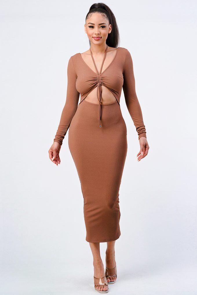 Trendy Front Shirring Cut-out Long Sleeved Dress | Mixtshop LLC