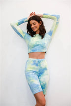 Multicolor Tie-dye Velvet Cropped Long Sleeve Top & Bike Shorts Set | Mixtshop LLC
