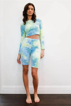 Multicolor Tie-dye Velvet Cropped Long Sleeve Top & Bike Shorts Set | Mixtshop LLC
