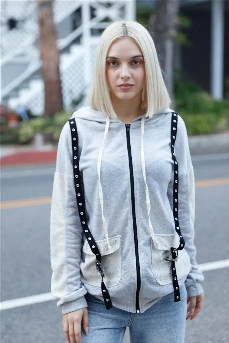 Belt & Reversed Details Zip-up Hooded Sweater | Mixtshop LLC Main image