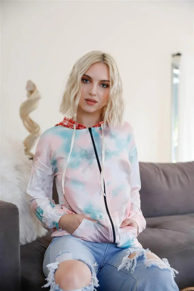 Feather & Tie-dye Print Contrast Plaid Hood Sweater | Mixtshop LLC Main image