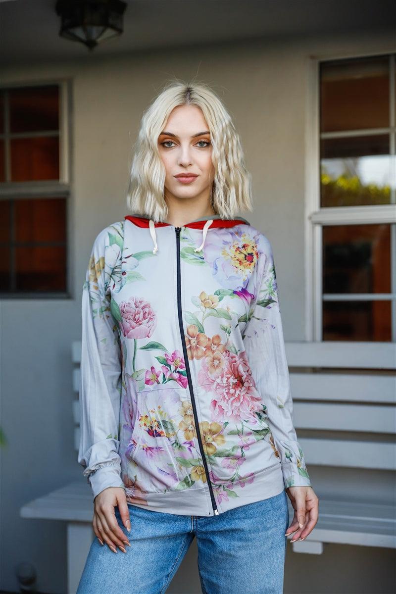 Grey Pink Flower Print Contrast Double Hood Sweater | Mixtshop LLC Main image