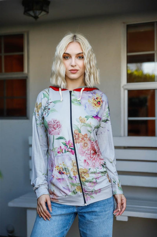 Grey Pink Flower Print Contrast Double Hood Sweater | Mixtshop LLC