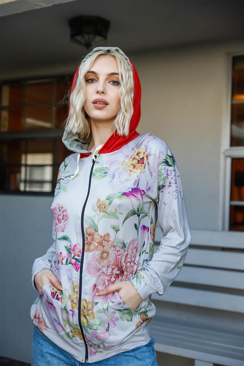Grey Pink Flower Print Contrast Double Hood Sweater | Mixtshop LLC