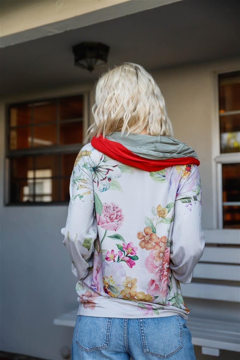 Grey Pink Flower Print Contrast Double Hood Sweater | Mixtshop LLC