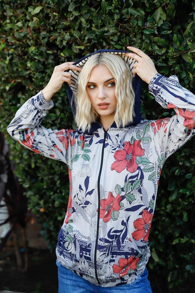 Navy Rust Flower Print Zip-up Contrast Striped Hood Sweater Secondary image