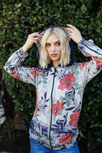 Navy Rust Flower Print Zip-up Contrast Striped Hood Sweater | Mixtshop LLC