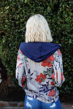 Navy Rust Flower Print Zip-up Contrast Striped Hood Sweater | Mixtshop LLC
