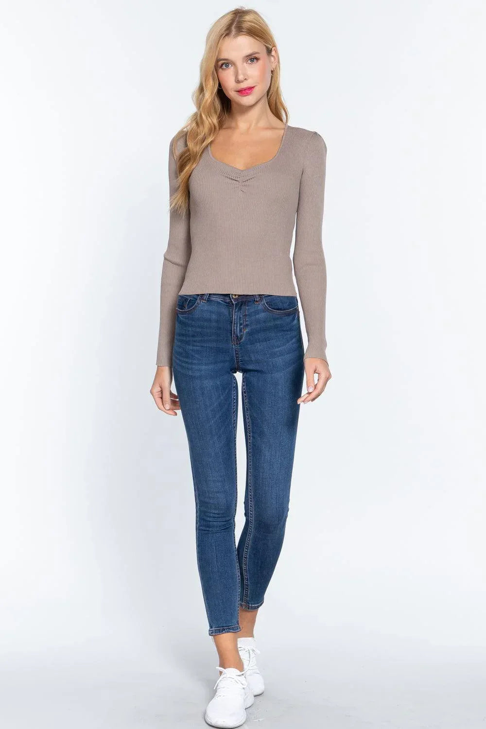 Shirring Sweatheart Neck Sweater Secondary image