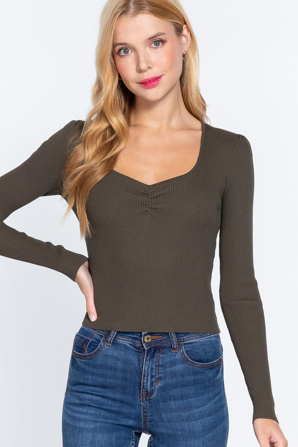 Shirring Sweatheart Neck Sweater | Mixtshop LLC Main image