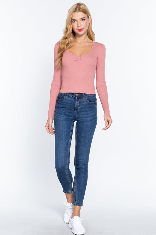 Shirring Sweatheart Neck Sweater | Mixtshop LLC