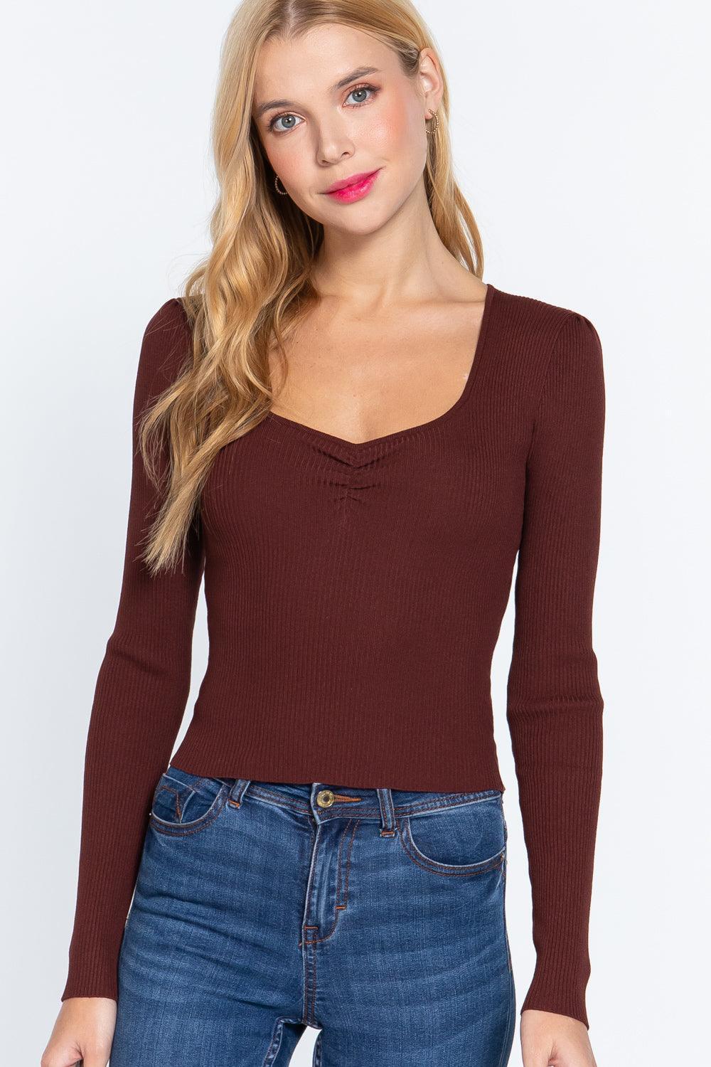 Shirring Sweatheart Neck Sweater | Mixtshop LLC Main image