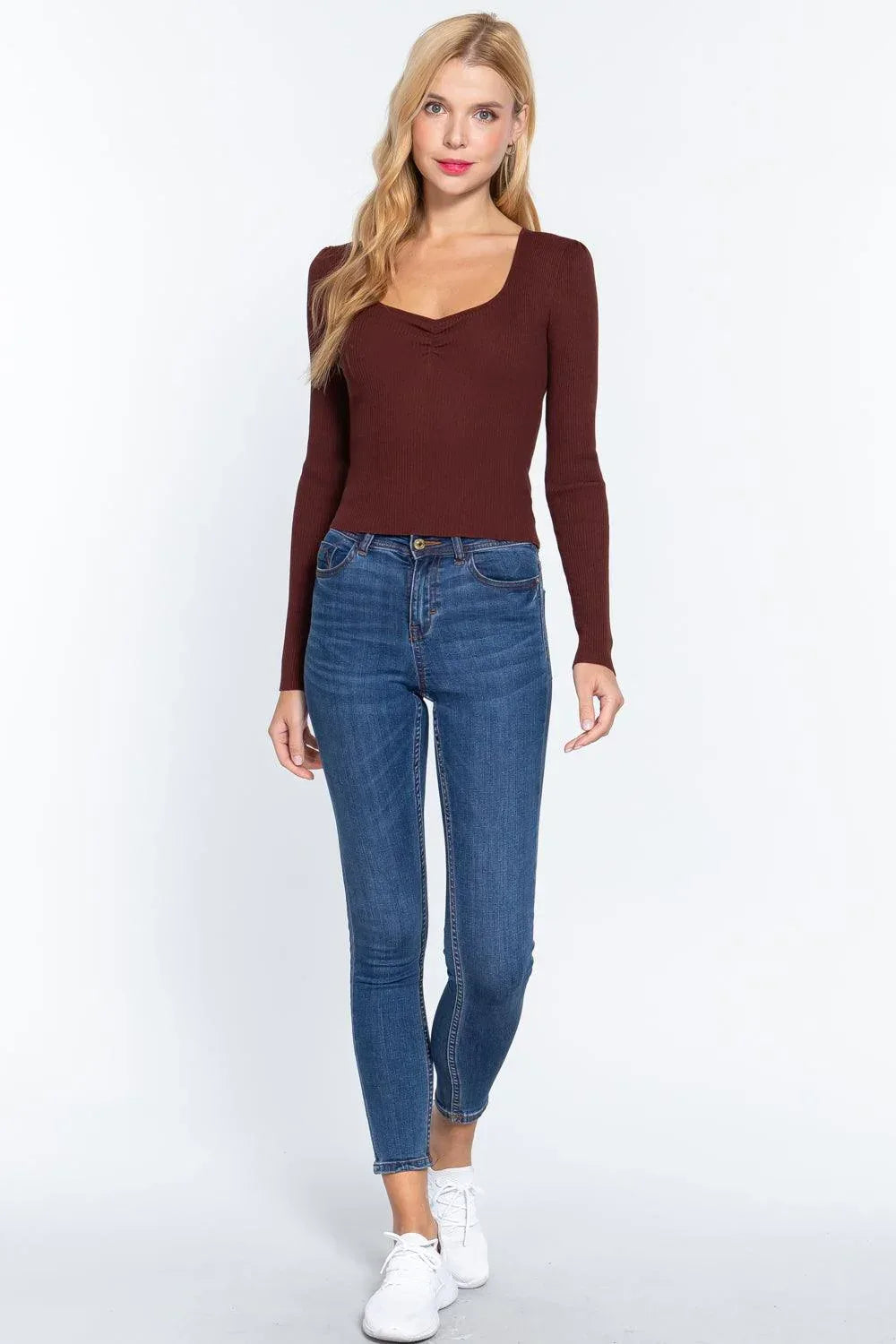 Shirring Sweatheart Neck Sweater | Mixtshop LLC
