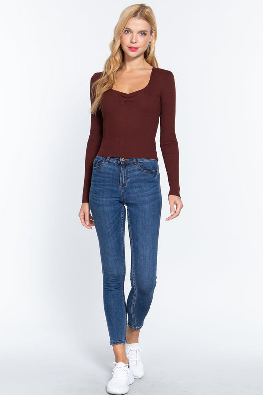 Shirring Sweatheart Neck Sweater | Mixtshop LLC