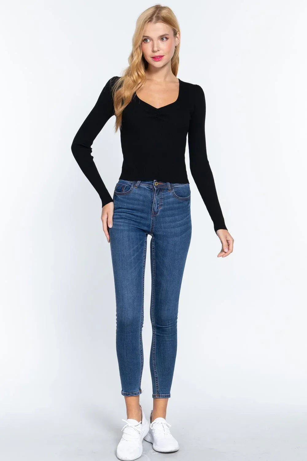 Shirring Sweatheart Neck Sweater Secondary image