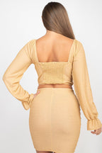 Sparkling Long Sleeves Ruching Back & Skirts Set | Mixtshop LLC