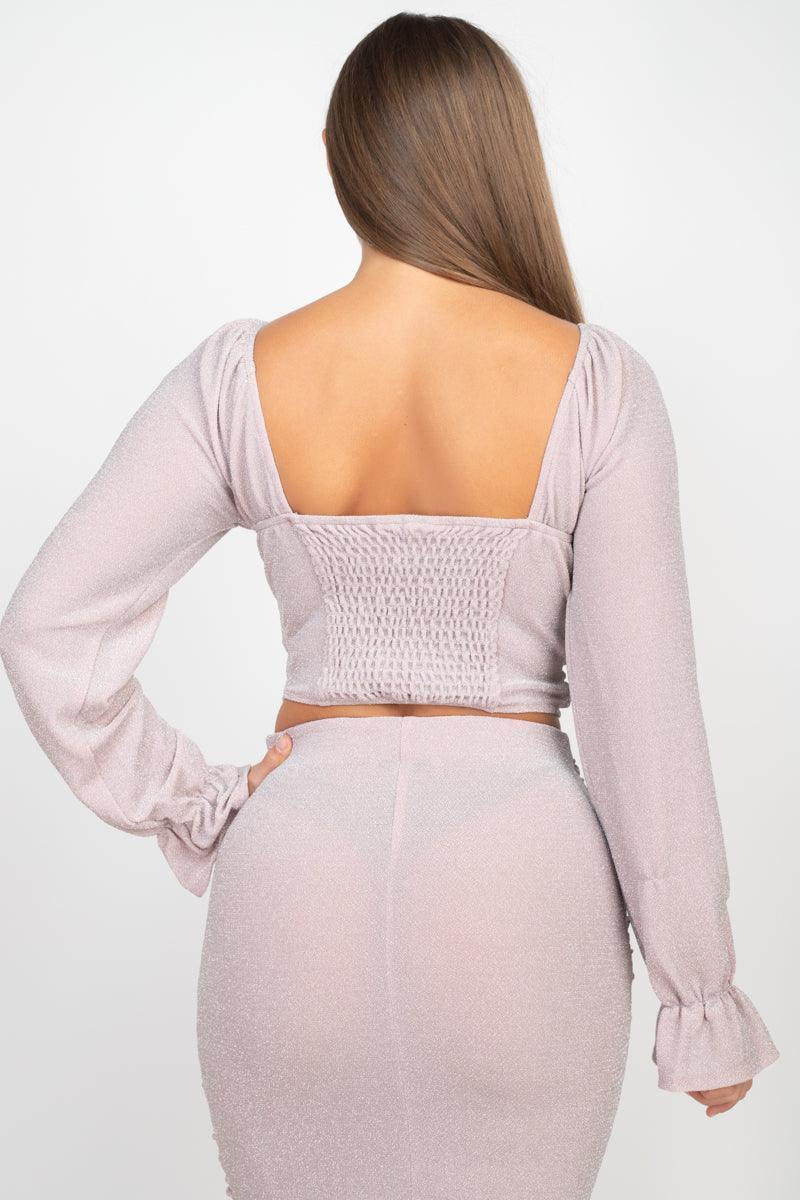 Sparkling Long Sleeves Ruching Back & Skirts Set | Mixtshop LLC