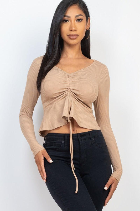 Ribbed Drawstring Front Long Sleeve Peplum Top | Mixtshop LLC