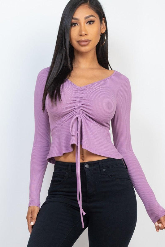 Ribbed Drawstring Front Long Sleeve Peplum Top | Mixtshop LLC