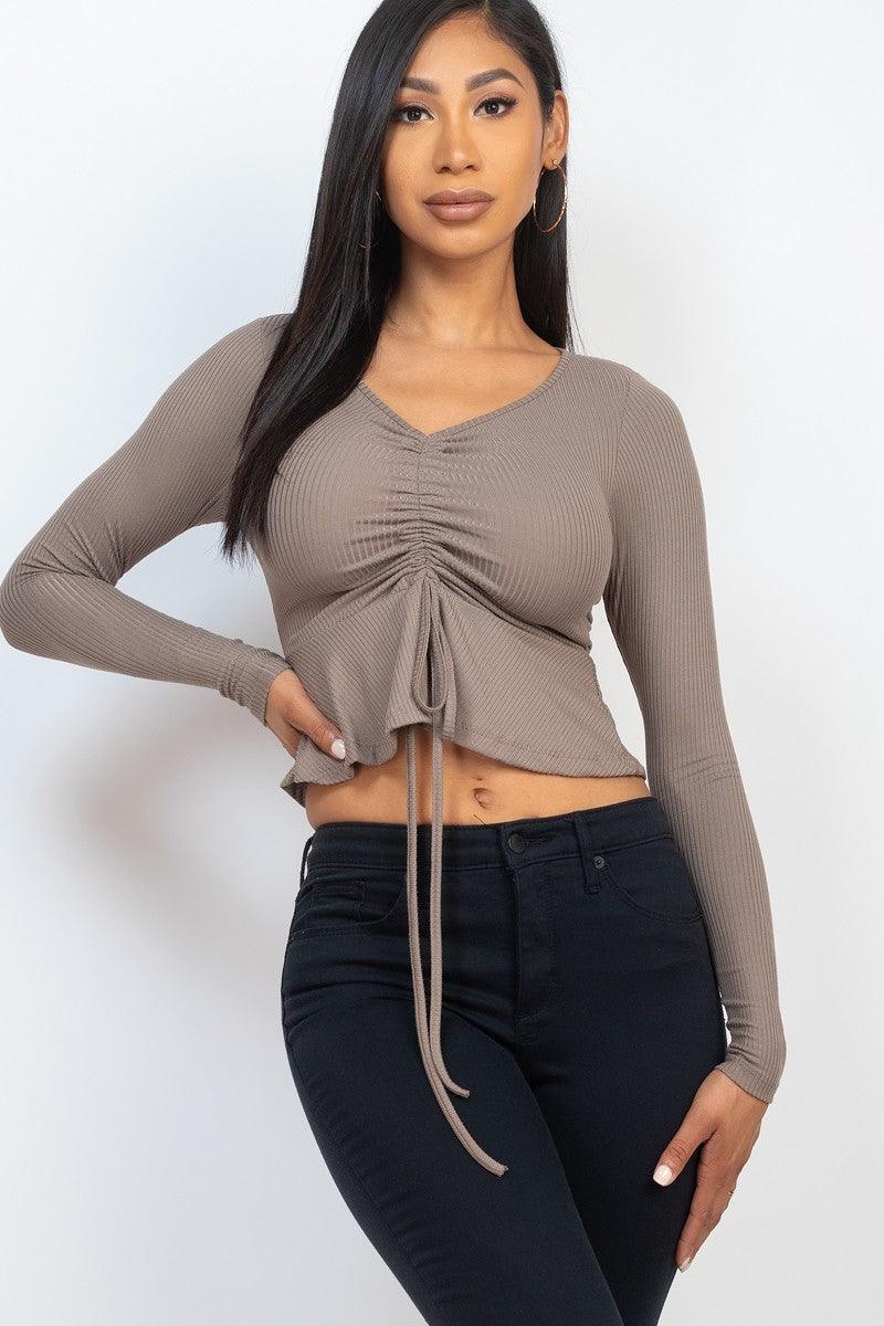 Ribbed Drawstring Front Long Sleeve Peplum Top | Mixtshop LLC Main image