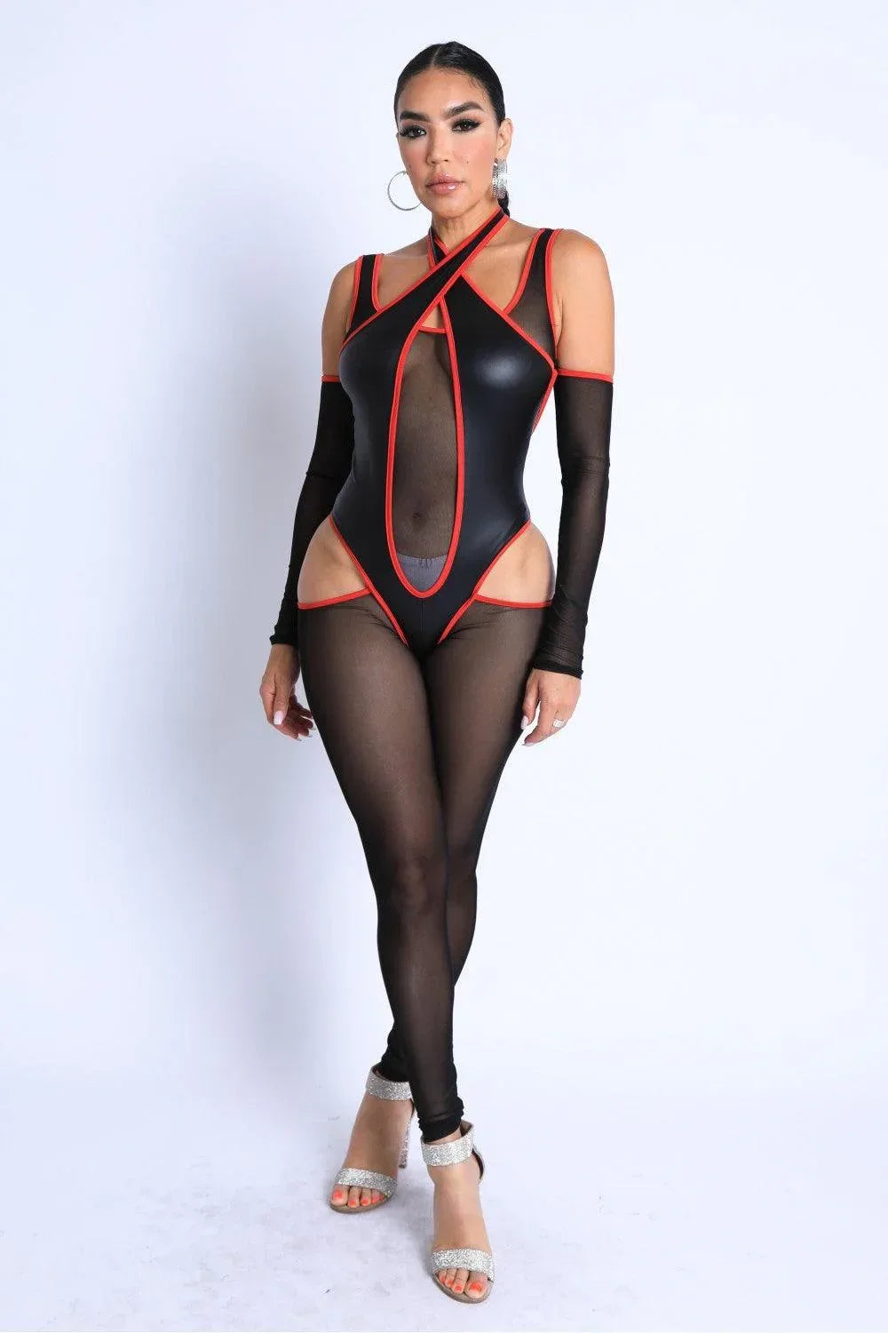 Binding Pointed Cutout Halter Mesh Off Shoulder Jumpsuit | Mixtshop LLC Main image