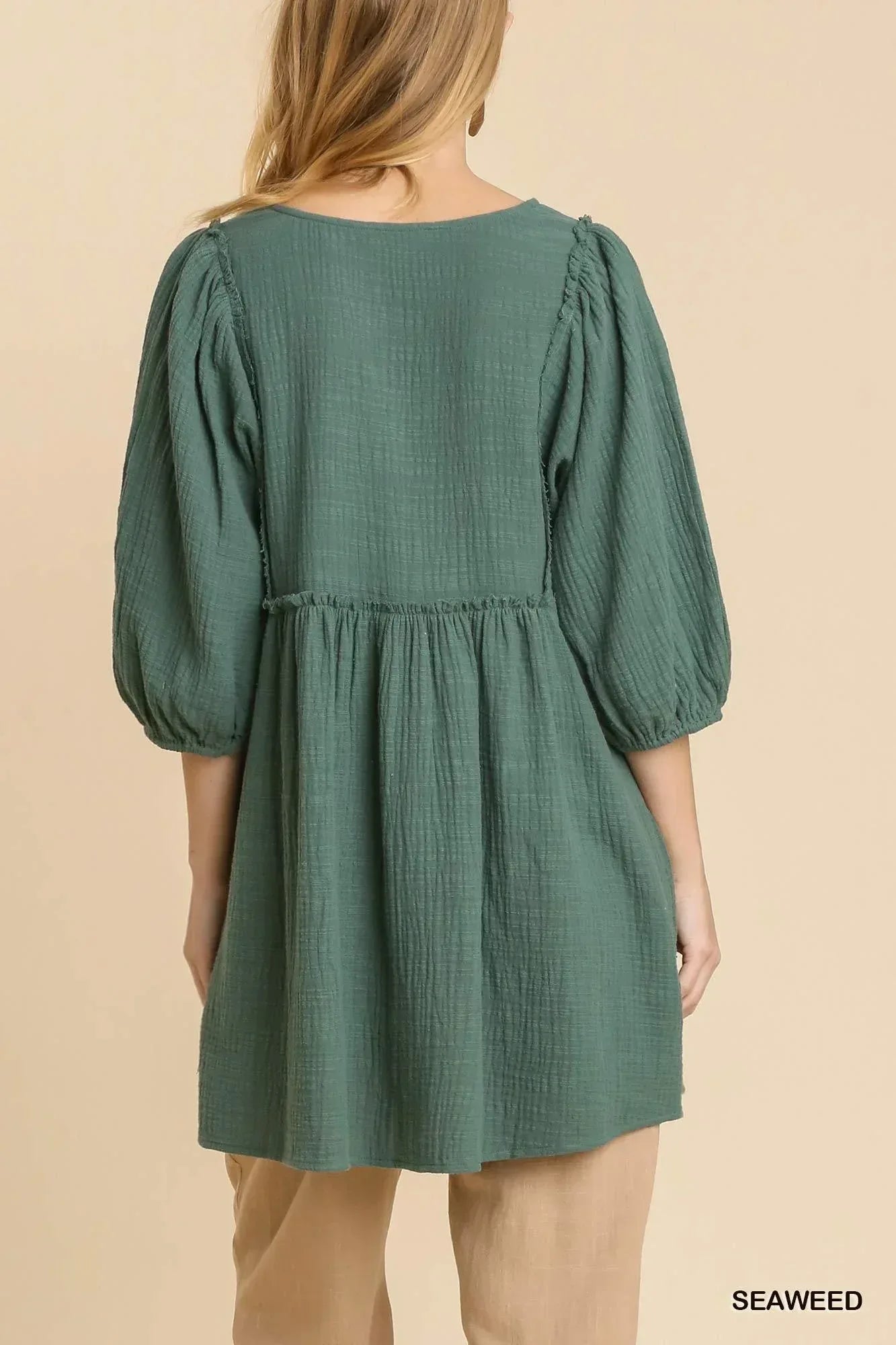 Gauze Slub V-neck Frayed Edge Detail Tunic Dress | Mixtshop LLC