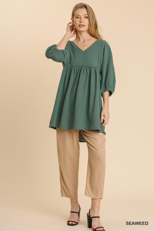 Gauze Slub V-neck Frayed Edge Detail Tunic Dress | Mixtshop LLC