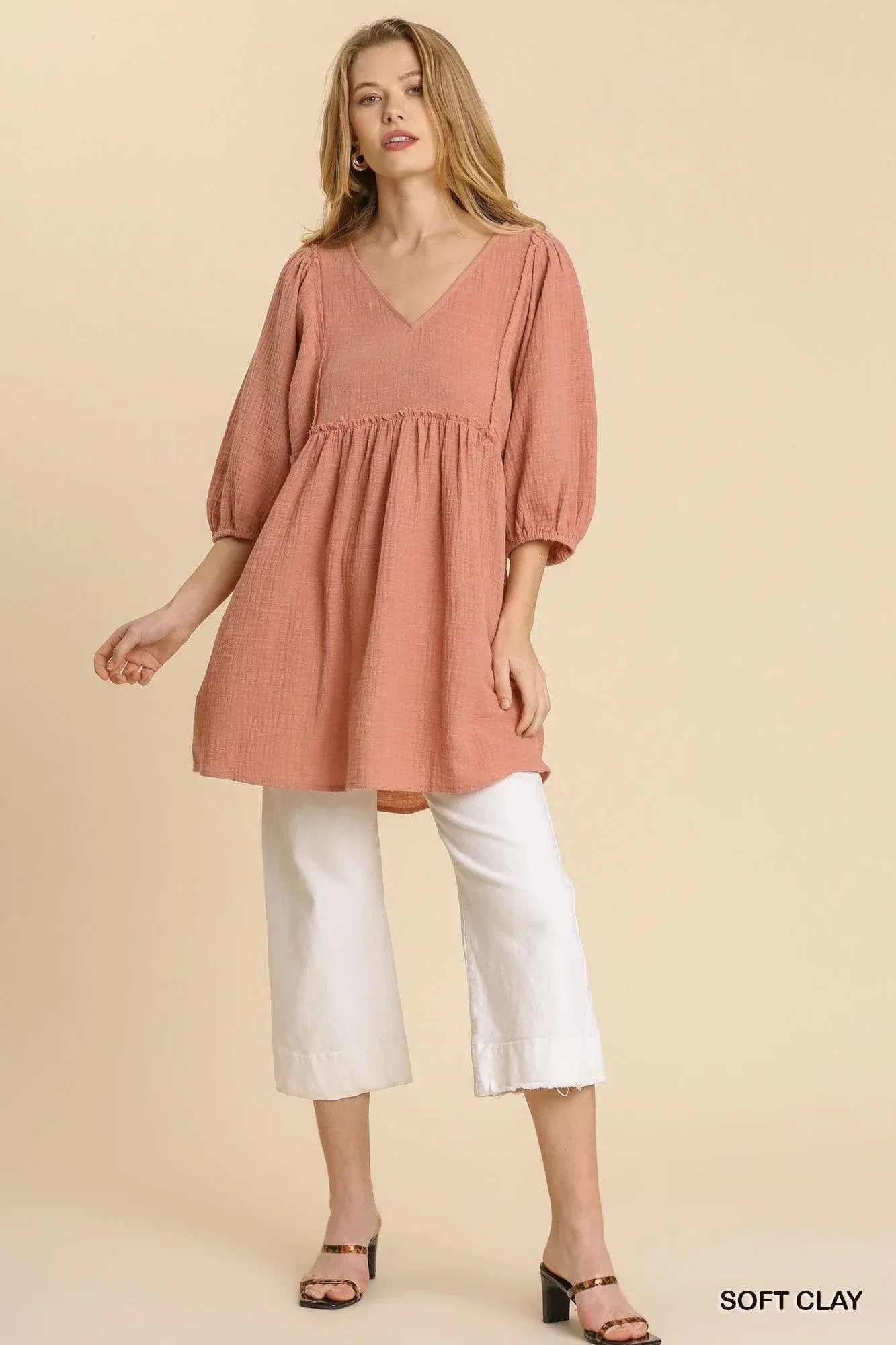 Gauze Slub V-neck Frayed Edge Detail Tunic Dress Secondary image