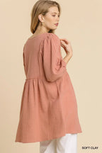 Gauze Slub V-neck Frayed Edge Detail Tunic Dress | Mixtshop LLC