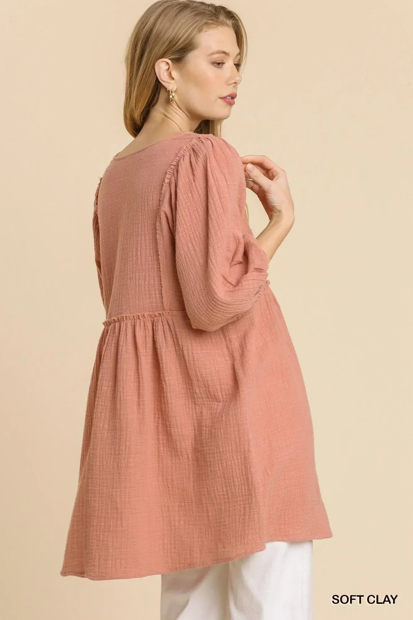 Gauze Slub V-neck Frayed Edge Detail Tunic Dress | Mixtshop LLC
