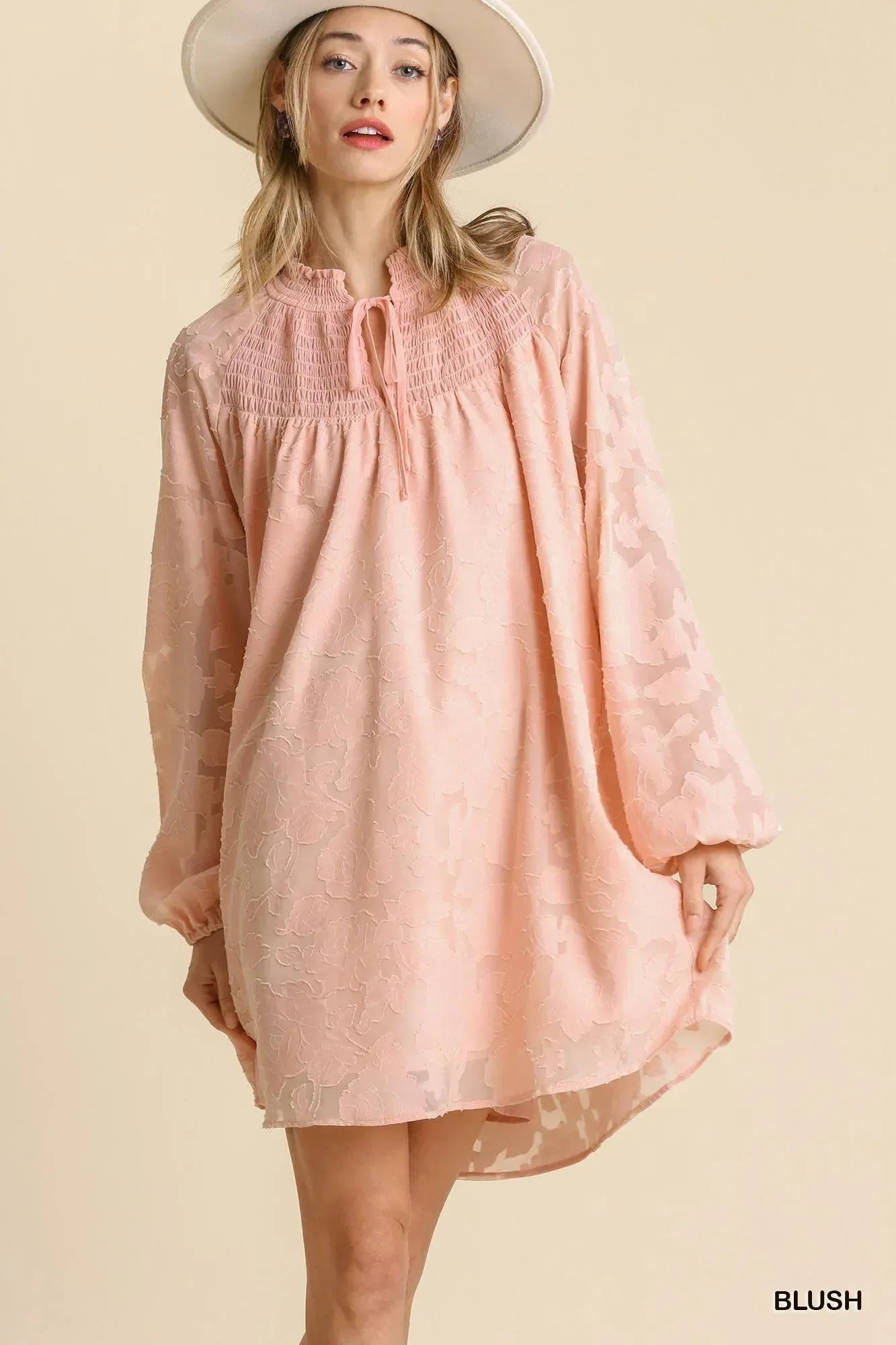 Jacquard Raglan Smocked Tie Neck Yoke Dress | Mixtshop LLC Main image