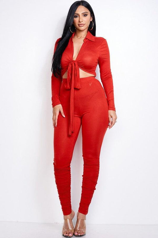 Solid Heavy Rayon Spandex Collared Tie Front Top And Ruched Pants Two Piece Set | Mixtshop LLC